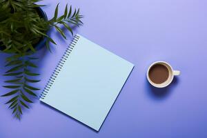 a notebook with coffee and plants on purple background generative AI photo