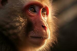 de cerca de japonés macaco en borroso antecedentes generativo ai foto