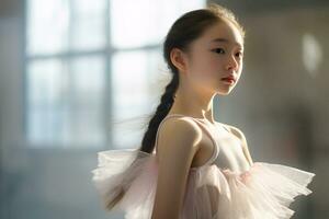 un pequeño niña ballet en tutu vestir generativo ai foto