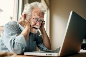 Old man scratching head while looking on the laptop generative AI photo