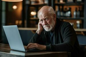 Old man scratching head while working on the laptop generative AI photo