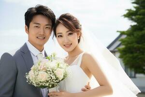 joven hermosa japonés novia y bueno mirando novio juntos generativo ai foto