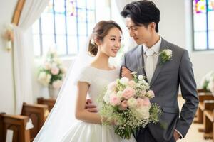 Young beautiful Japanese bride and good looking groom generative AI photo