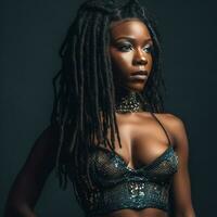 a beautiful black female model with long dreads on dark background generative AI photo