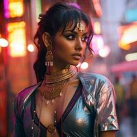 shot of an indian beautiful girl in shiny clothes generative AI photo