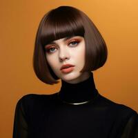a woman with bob cut hair on orange background generative AI photo