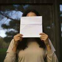 un joven mujer participación blanco blanco papel en frente de su cara generativo ai foto