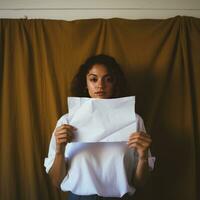a young woman holding white blank paper in her hands generative AI photo