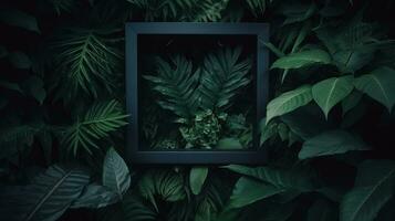 an empty square frame surrounded by dark green leaves generative AI photo