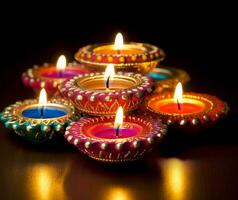 designer diwali oil lamps glowing on dark background generative AI photo