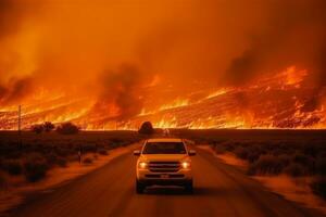 a car escape from Devastating phenomenon of wildfires generative AI photo