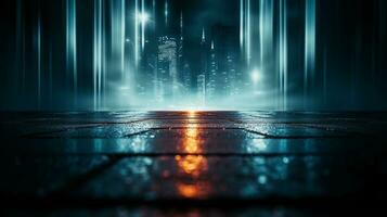 closeup of a wet road of lights glowing city generative AI photo