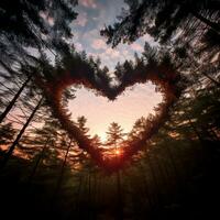 a big heart shape made of trees branches in dense forest generative AI photo