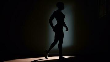silhouette of a young athlete on black background generative AI photo