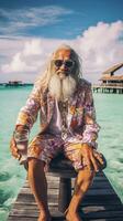 an old man wearing sunglasses and beach cloths holding a glass on beach generative AI photo