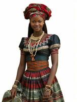 Romanian cloth worn by african woman on white background generative AI photo