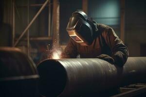 Worker welding metal piping generative AI photo