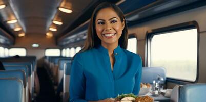 foto de un bueno mirando asiático niña sonriente en tren generativo ai