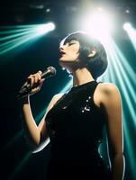a beautiful girl with bob hair cut wearing black dress singing in auditorium generative AI photo