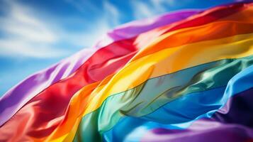 big rainbow flag flowing in air closeup generative AI photo
