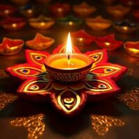 a decorative diwali oil lamp glowing generative AI photo