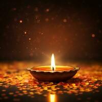 a decorative diwali oil lamp glowing on bokeh background generative AI photo