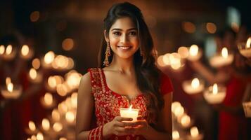 beautiful indian girl in traditional cloth holding oil lamps generative AI photo