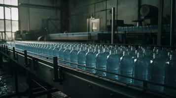 fresh drinking water bottles on production line in factory generative AI photo