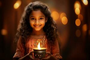 indio pequeño niña participación diwali lámpara con bokeh antecedentes generativo ai foto