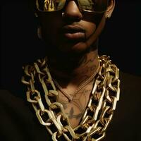 a person wearing gold chains on black background generative AI photo