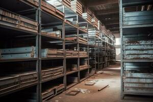 metal steel plates storage in old warehouse generative AI photo