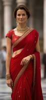 a smiling woman in red saree generative AI photo