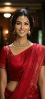 a modern woman in red saree generative AI photo