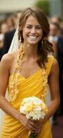 a happy modern woman in yellow saree generative AI photo