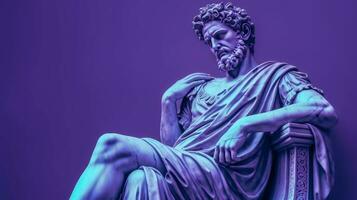 statue of an ancient roman philosopher on bright purple background generative AI photo