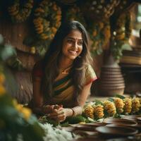 a beautiful south indian girl sitting and making flowers garland generative AI photo