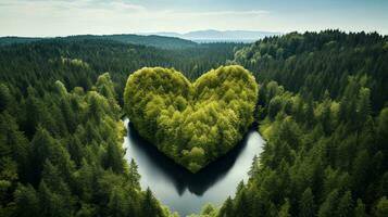 top view of a heart-shaped trees surrounded by lake generative AI photo