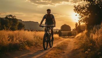 joven adulto montando un eléctrico bicicleta en campo lado a puesta de sol generativo ai foto