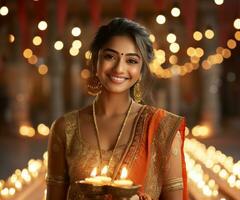 young indian woman holding diwali lamp on bokeh background generative AI photo