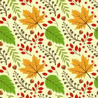 Pattern with autumn leaves. Vector seamless drawing of leaves, acorns, nuts, mountain ash. Background for textiles or book covers, wallpaper, design, graphics, printing, hobbies, invitations.