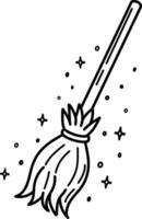 A hand-drawn broom for Halloween. Witch's broom with a long handle, vector illustration, highlighted on a white background. A stick from a witch's broom. This item is an accessory for Halloween