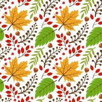Pattern with autumn leaves. Vector seamless drawing of leaves, acorns, nuts, mountain ash. Background for textiles or book covers, wallpaper, design, graphics, printing, hobbies, invitations.