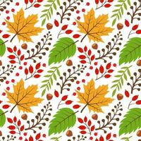 Pattern with autumn leaves. Vector seamless drawing of leaves, acorns, nuts, mountain ash. Background for textiles or book covers, wallpaper, design, graphics, printing, hobbies, invitations.