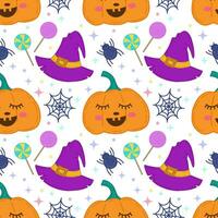 Vector seamless pattern for Halloween.Icons of pumpkins, spider, cobwebs, sweets, hats.Design elements for a Halloween party poster.Background for book covers, wallpapers,design,graphics, invitations.
