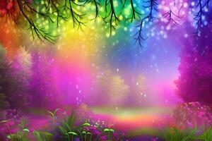 Flower Forest Background, Rainbow pastel Flower Forest Landscape, Flower Forest Landscape Background, Nature Background, Landscape Background, AI Generative photo