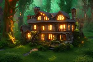 Glowing House in magical forest, AI Generative photo