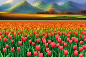 Tulip Flower Background, Tulip Flower Landscape Background, Nature Background, Landscape Background, AI Generative photo