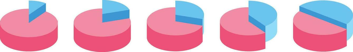 Two Sliced 3D Pie Chart Showing Various Percentages Ranging from 10 and 90, 20 and 80, 30 and 70, 40 and 60, 50 and 50 Percent vector