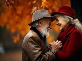 Loving old couple is enjoying a romantic autumn day AI Generative photo