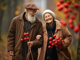 Loving old couple is enjoying a romantic autumn day AI Generative photo